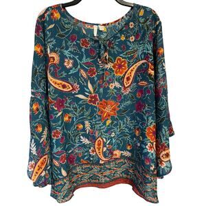 Est 1946 Paisley Vibrant Floral print blouse Flared sleeves & tie front detail